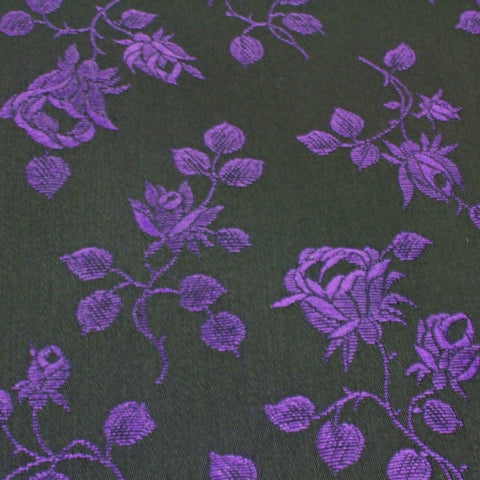 Brocade coutil, rose pattern, black  w purple roses 54 inch wide